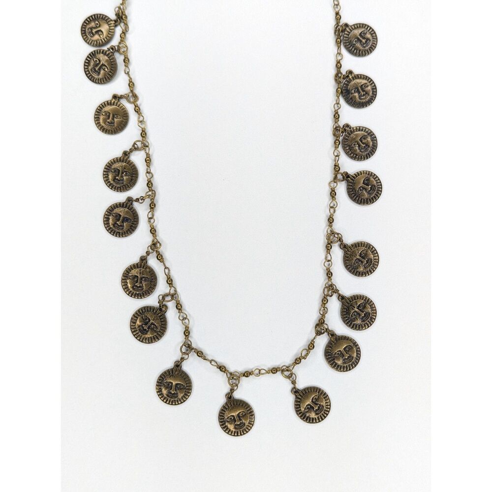 Vintage Gold Tone Celestial Suns Long Necklace 16" Dangle Unique Witchy Boho